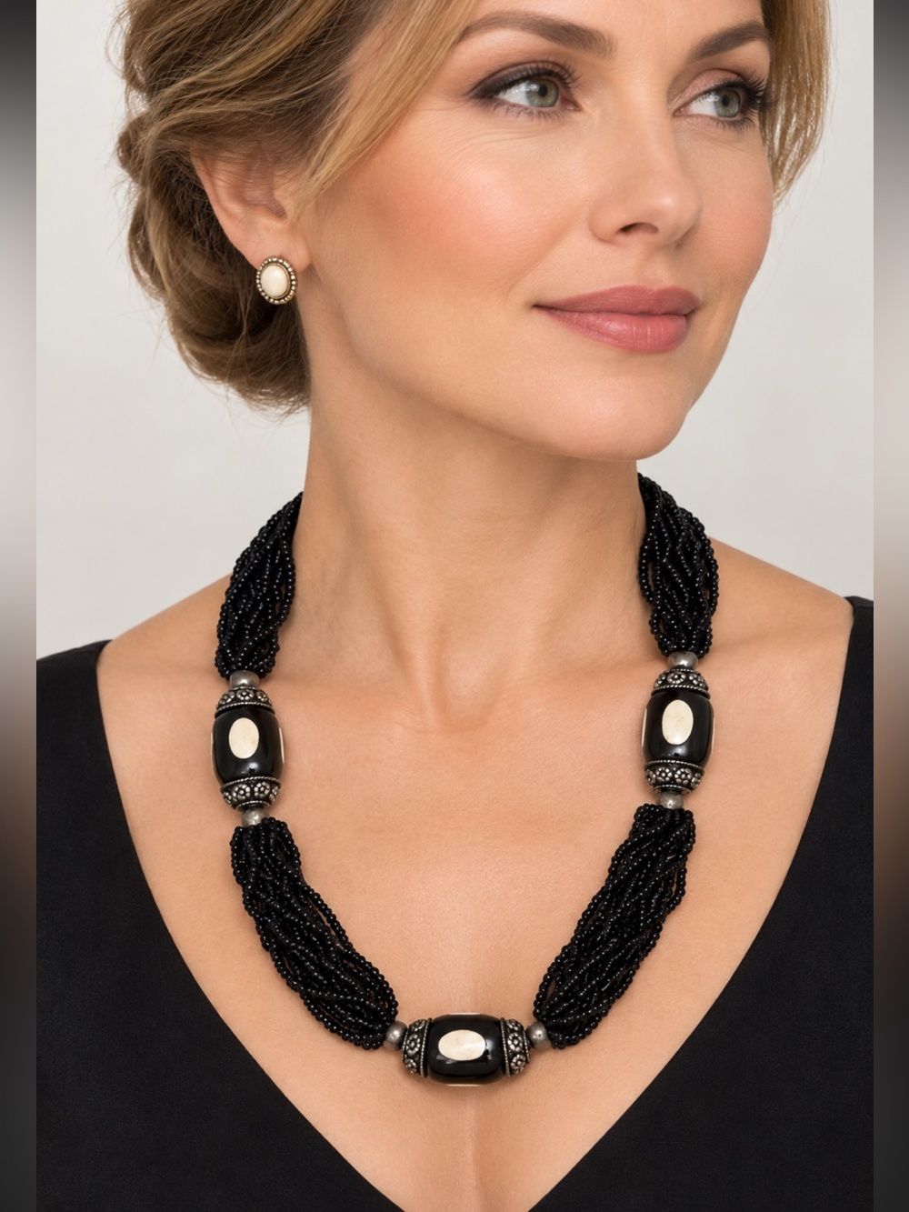 Black Seed Bead Statement Necklace with Inlay Accents
